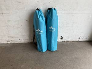 lot 228 image: Oileus Set of 2 Low Ultralight Folding Light Blue Beach Chairs  with Cup Holder & Storage Bag