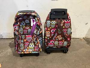 lot 278 image: LOT OF 2 Rockland Owl Print Roadster Rolling Backpacks