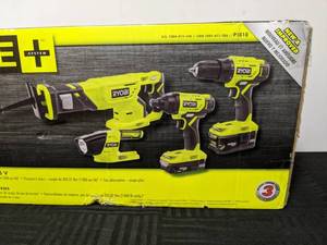 lot 18A image: Brand New RYOBI 18V ONE Cordless 12in. DrillDriver, Impact Driver, Reciprocating Saw, and Work Light Kit with Batteries and Charger