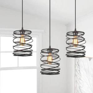 lot 10 image: Lavie 8 in. 1-Light Mottled Black Industrial Pendant Light with Spiral Iron Lantern Cage