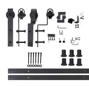 lot 22 image: 9 ft.108 in. Black Rustic Single Track Bypass Sliding Barn Door Track and Hardware Kit for Double Doors