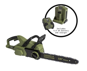 lot 12 image: GREEN MACHINE 62V Brushless 16 in. Battery Chainsaw Auto-tensioning system, easy trigger start with 4 Ah Battery and Charger (08072373)