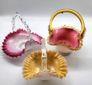 lot 8 image: Three Antique Victorian Art Glass Baskets including a Victorian Spangle Glass Basket