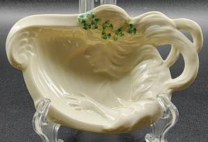 lot 206 image: Belleek Woman Playing Harp Shamrock Butter Dish