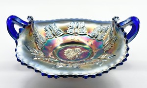 lot 88 image: Vintage Fenton Glass Royal Blue Butterflies Bon Bon with Two Handles