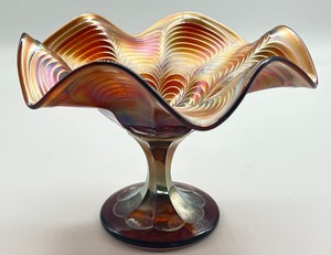 lot 85 image: Vintage Fenton Peacock Tail Carnival Glass Pedestal Ruffle Dish