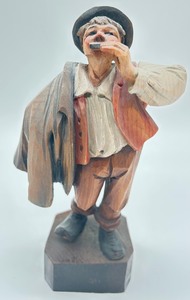 lot 289 image: Vintage Wood Hand Carved Man Playing Harmonica Figurine