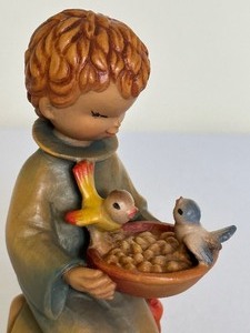 lot 101A image: Vintage Hand Carved Wooden Anri Figurine Boy with Birds