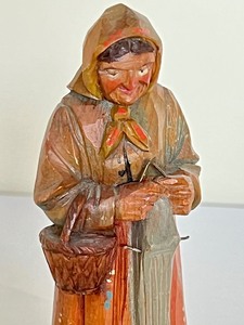 lot 140A image: Vintage Hand Carved Wooden Anri Figurine Woman Knitting
