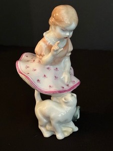 lot 49 image: Vintage Hand Painted Herend Girl with Cat, Spilled Milk Figurine
