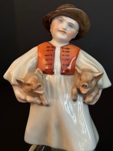 lot 48 image: Vintage Hand Painted Herend Boy with Two Pigs Figurine