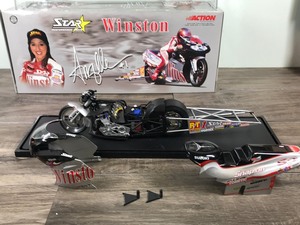 lot 38 image: 2001 NHRA Action Angelle Savoie Winston  Silver 19 scale die cast Pro Stock Bike