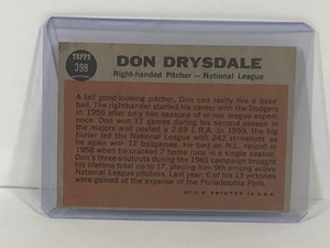 lot 173 image: 1962 Topps Don Drysdale The Sporting News National League All-star #398 Card