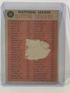 lot 178 image: 1962 Topps National League Batting Leaders Bob Clemente, Vada Pinson, Ken Boyer, Wally Moon #52