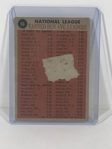 lot 179 image: 1962 Topps National League E.R.A. Leaders Warren Spahn, Jim OToole, Curt Simmons, Mike McCormick #56 Baseball Card