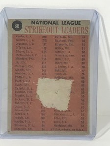 lot 181 image: 1962 Topps Baseball Card National League Strikeout Leaders Sandy Koufax, Stan Williams, Don Drysdale, Jim OToole #60