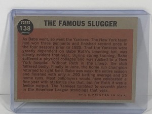 lot 183 image: 1962 Topps Baseball Card Babe Ruth Special The Famous Slugger #138