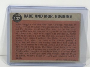 lot 184 image: 1962 Topps Baseball Card Babe Ruth Special Babe and MGR. Huggins #137
