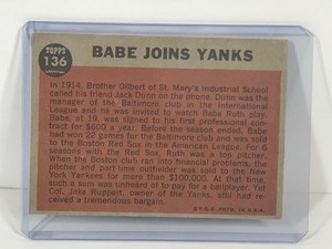 lot 185 image: 1962 Topps Baseball Card Babe Ruth Special Babe Joins Yanks #136