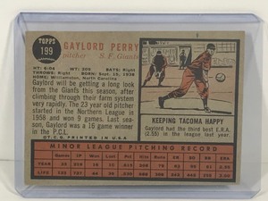 lot 191 image: 1962 Topps Baseball Card GayLord Perry Rookie Card #199