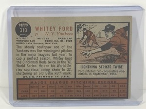lot 196 image: 1962 Topps Baseball Card Whitey Ford #310