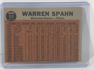 lot 197 image: 1962 Topps Baseball Card Warren Spahn Shows No-Hit Form #312