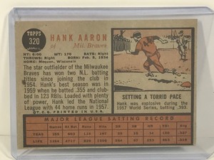 lot 353 image: 1962 Topps Baseball Card Hank Aaron #320