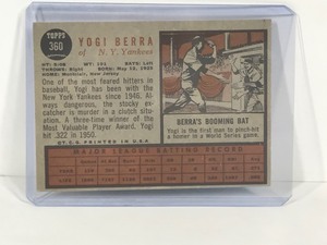 lot 355 image: 1962 Topps Baseball Card Yogi Berra #360