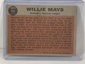 lot 357 image: 1962 Topps Baseball Card The Sporting News National League All-Star Willie Mays #395