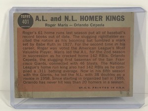 lot 358 image: 1962 Topps Baseball Card AL & NL Homer Kings Roger Maris & Orlando Cepeda #401