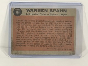 lot 359 image: 1962 Topps Baseball Card The Sporting News National League All-Star Warren Spahn #399