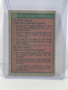lot 363 image: 1975 Topps Baseball Card 1963 Most Valuable Players Sandy Koufax & Elston Howard #201
