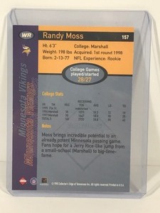 lot 375 image: 1998 Collectors Edge 1st Place Randy Moss 1998 Rookie Record Setter Football Card #157