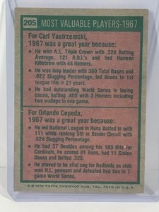 lot 379 image: 1975 Topps Baseball Card 1967 Most Valuable Players Carl Yastrzemski & Orlando Cepeda #205