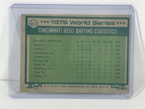 lot 380 image: 1977 Topps Baseball Card 1976 World Series Morgan Homers in Series Opener & Johnny Bench Stars as Reds take 2nd Game #411