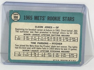 lot 383 image: 1965 Topps Baseball Card Rookie Stars Cleon Jones & Tom Parsons #308