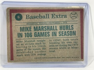 lot 391 image: 1975 Topps Baseball Card 1974 Highlights Marshall Hurls in 106 Games #6