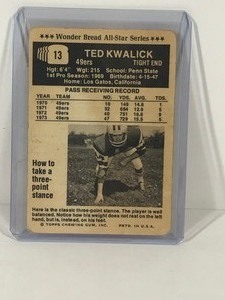 lot 392 image: 1974 Topps Football Card Ted Kwalick #13