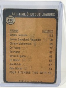 lot 403 image: 1973 Walter Johnson # 476 Senators Topps Baseball Card All Time Shutout Leaders