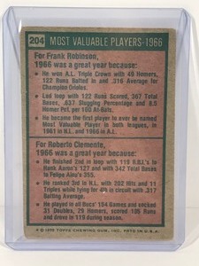 lot 405 image: 1975 Topps Baseball Card 1966 Most Valuable Players Frank Robinson & Bob Clemente #204
