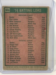 lot 406 image: 1975 Topps Baseball Card 1974 Batting Leaders Rod Carew & Ralph Garr #306