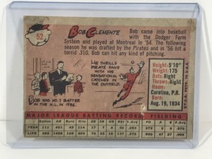 lot 408 image: 1958 Topps Baseball Card Bob Clemente #52