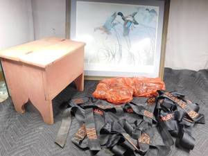 lot 209 image: Ducks Unlimited Morning Mist Mallards print in frame, safety harnesses and step stool with storage compartment