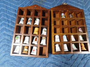 lot 233 image: 2 small shadow boxes with ceramic and wood Thimbles