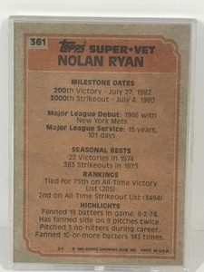 lot 436 image: 1983 Topps Baseball Card Super Veteran Nolan Ryan 1966 - 1983 #361