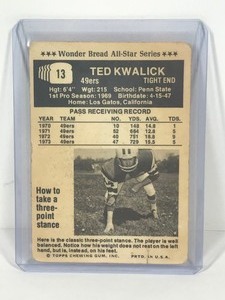 lot 437 image: 1974 Topps Wonder Bread All Star Ted Kwalick #13. 49ers