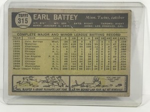 lot 440 image: 1961 Topps Baseball Card Minnesota Twins Earl Battey #315