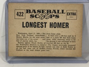 lot 443 image: 1961 Baseball Scoops Mickey Mantle Hits Longest Homer Baseball Card #422