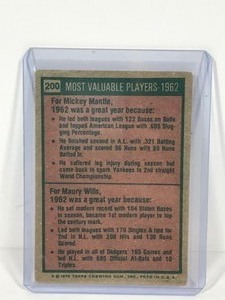 lot 445 image: 1975 Topps Baseball Card 1962 Most Valuable Players Mickey Mantle & Maury Wills #200