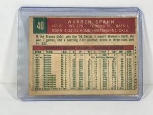 lot 446 image: 1959 Topps Baseball Card Warren Spahn #40